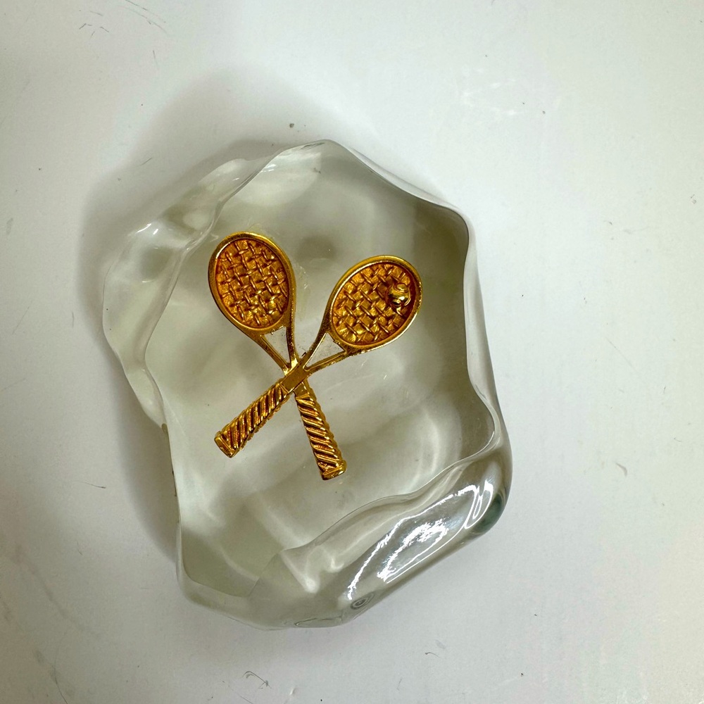 24 karat Gold Electroplate Glass Tennis Racquet Paperweight. (A)